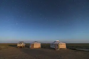Tents Prints: Mongolian traditional gers and soviet minivan under a starry sky