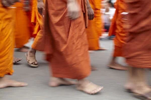 Monks Gallery: Monks in mourning parade for the late King Sihnaouk outside Royal Palace, Phnom Penh