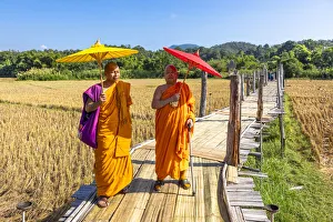 Images Dated 5th August 2020: Monks at Su Tong Pae Bridge, Mae Hong Son, Northern Thailand, Thailand
