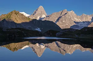 Mont Blanc in the mirror, Lac de Fenetre, (Grand Jorasses in the middle), Switzerland, Europe