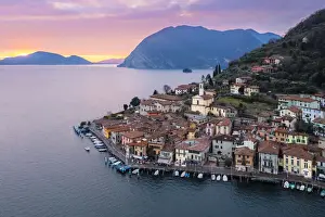 Brescia District Prints: Monte Isola and Peschiera Maraglio village at sunset on Iseo lake