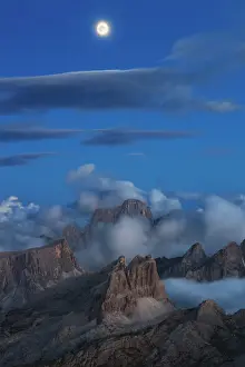 Moon Prints: Monte Pelmo Averau and Ra Gusela at dusk with moon viewed from Lagazuoi during summer
