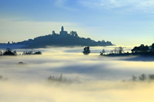 Montecastello, Piedmont, Italy. Hills of Alexandria in the fog