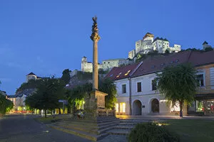 Images Dated 20th November 2013: Monument in Mierove Square and Trencin Castle at dusk, Trencin, Trencin Region, Slovakia