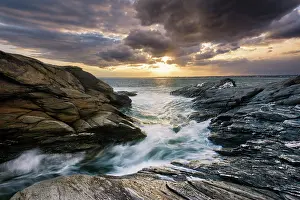 Cloudy Prints: Moody sunset on the rocks at Beavertail State Park, Jamestown, Rhode Island, USA