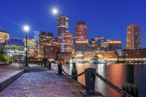 Ships Prints: Full Moon, Boston Old Harbor Waterfront Boston, Massachusetts, USA