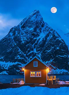 Sakrisoy Prints: Full Moon over Fishermans Hut & Olstinden, Lofoten Islands, Norway