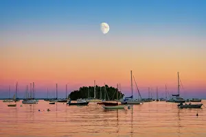 Camden Prints: Moon over harbor, Camden, Maine, USA