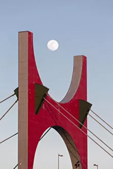 Full moon behind La Salve bridge, Bilbao, Biscay, Spain, Europe