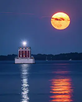 Moon Prints: Full moon over New London Ledge Light in New London, Connecticut, USA