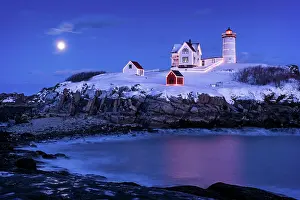 York Prints: Moon over Nubble Lighthouse with holiday lights, Caple Neddick, Maine, USA