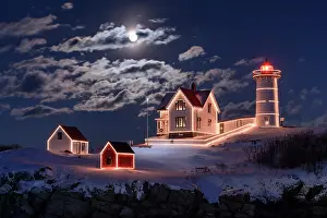 York Prints: Moon over Nubble Lighthouse with holiday lights, Caple Neddick, Maine, USA