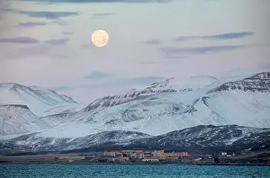 Moon Prints: Moon over Pyramiden, an abandoned Russian coal mining town, Spitsbergen, Svalbard, Norway