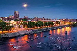 Mill Prints: Moon rising over milltown and Merrimack River, Manchester, New Hampshire, USA