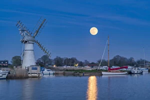 Windmills Gallery: Full Moon Rising over River Thurne, Norfolk Broads National Park, Norfolk, England