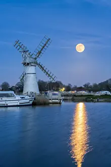 Full Moon Rising over River Thurne, Norfolk Broads National Park, Norfolk, England