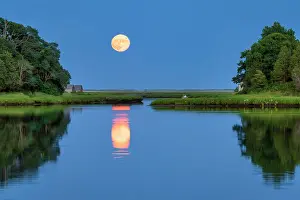 Salt Pond Prints: Full moon rising over Salt Pond on Cape Cod, Eastham, Massachusetts, USA