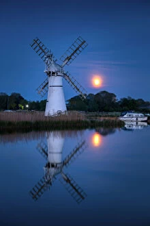 Vertical Gallery: Full Moon Rising at Thurne Mill, Norfolk Broads, Norfolk, England