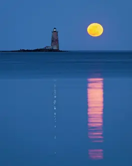 Moon Prints: Full moon rising over Whaleback Lighthouse, Kittery Point, Maine, USA
