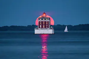 Michael Blanchette Prints: Full moon and sailboat at New London Ledge Light, New London, Connecticut, USA