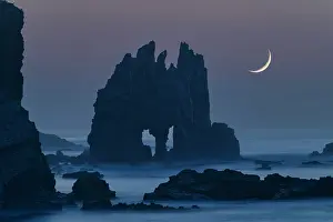 Asturias Prints: Moon over Sauron's Mask, Playa de Portizuelo, Asturias, Northern Spain