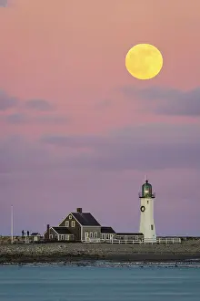 Scituate Prints: Full moon over Scituate Lighthouse, Scituate, Massachusetts, USA