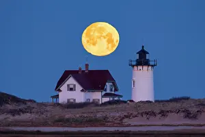 Provincetown Prints: Full moon setting over Race Point Lighthouse, Cape Cod, Provincetown, Massachusetts, USA