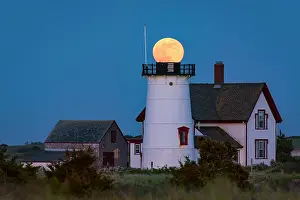 Cape Cod Prints: Full moon over tower at Stage Harbor Light on Cape Cod, Chatham, Massachusetts, USA