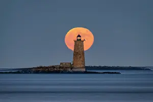Moon Prints: Full moon over Whaleback Lighthouse, Kittery, Maine, USA