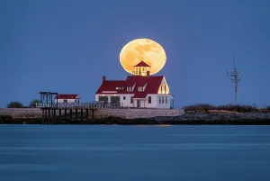 Moon Prints: Full moon over Wood Island Life Saving Station, Kittery, Maine, USA