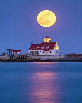 Kittery Prints: Full moon over Wood Island Life Saving Station, Kittery, Maine, USA