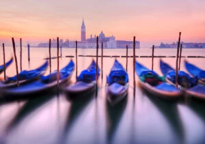 Images Dated 31st July 2012: Moored gondolas with San Giorgio Maggiore in the background at dawn, Venice, Veneto
