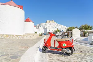 Astypalaia Prints: Moped by the Windmills and Castle of Astypalaia