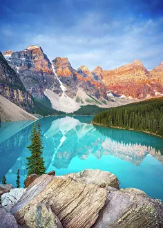 Moraine Lake Sunrise during summer in Banff National Park, Canadian Rockies, Alberta, Canada. Banff National Park, Alberta, Canada