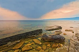 Bruce Peninsula Prints: Morning fog on Georgian Bay. Limestone Rock. Barrow Bay. Bruce Peninsula, Ontario, Canada