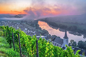 River Mosel Prints: Morning fog at sunset at Kesten, Mosel, Rhineland-Palatinate, Germany