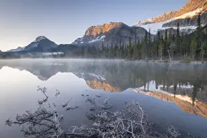 Bow Lake Prints: Morning mist burns off the still reflective waters of Bow Lake in the Canadian Rockies