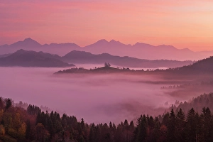 Premium Selects 2024 Prints: Morning Mist Around Church of St. Thomas, Skofja Loka, Slovenia, Europe