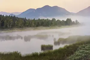 Massif Prints: Morning mist over moor lake Nicklheimer Filze in the background Wildalpjoch
