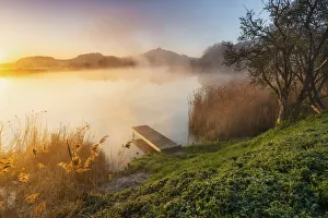 Morning mist over pond with Wachsenburg castle in the background
