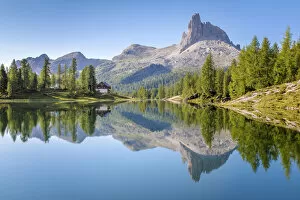 Belluno Collection: Morning reflection in the quiet water of Federa lake in summer, Cortina d Ampezzo
