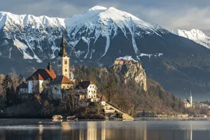 Images Dated 10th January 2018: Morning sunlight over Church of the Assumption of Mary, Lake Bled, Upper Carniola