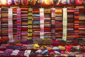 Images Dated 17th July 2013: Morocco, Marrakech, Textiles and fabrics in a souk