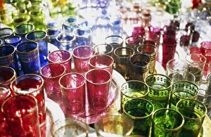 C Ulture Gallery: MOROCCO, Marrakesh Colourful Moroccan glassware in the souqs of Marrakesh