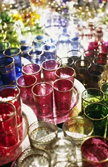 MOROCCO, Marrakesh Colourful Moroccan glassware in the souqs of Marrakesh
