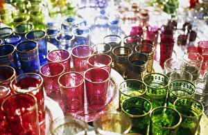 MOROCCO, Marrakesh Colourful Moroccan glassware in the souqs of Marrakesh