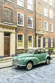 18th Century Prints: Morris Minor car and 18th Century Georgian town houses, Shoreditch, London, England, Uk