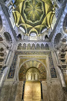 Mosaic-decorated mihrab and ceiling in the original section of the mosque building inside