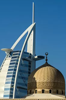 Mosque dome with Burj al Arab behind, Dubai, United Arab Emirates