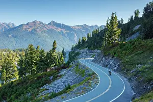 Road Trip Prints: Motorbike on a scenic road in the beautiful North Cascades National Park, Washington, USA